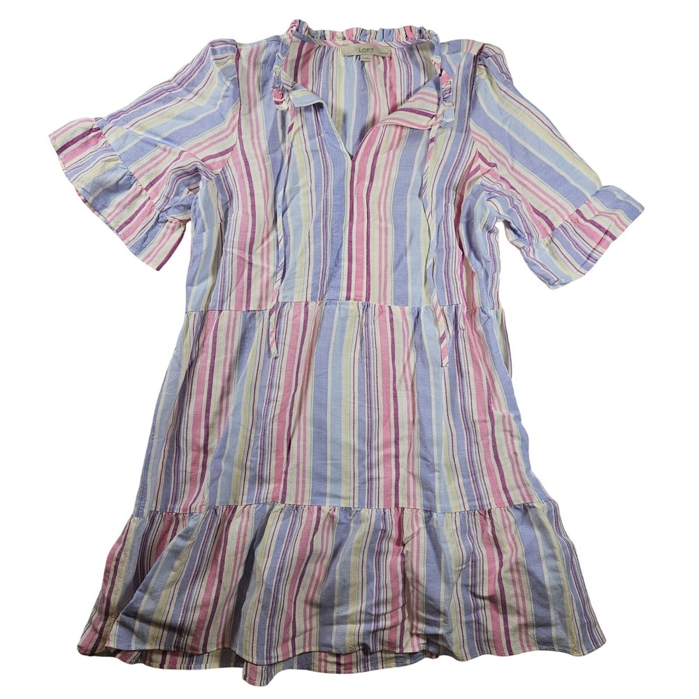 LOFT Linen Blend Tiered Babydoll Dress Pastel Large Petite
